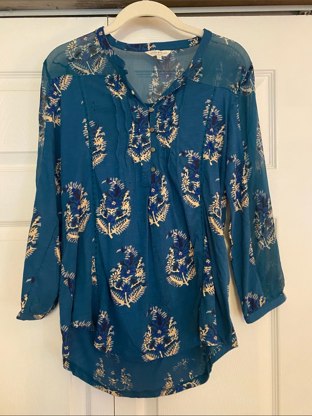 Lucky Brand Teal Floral Pintuck Peasant Blouse